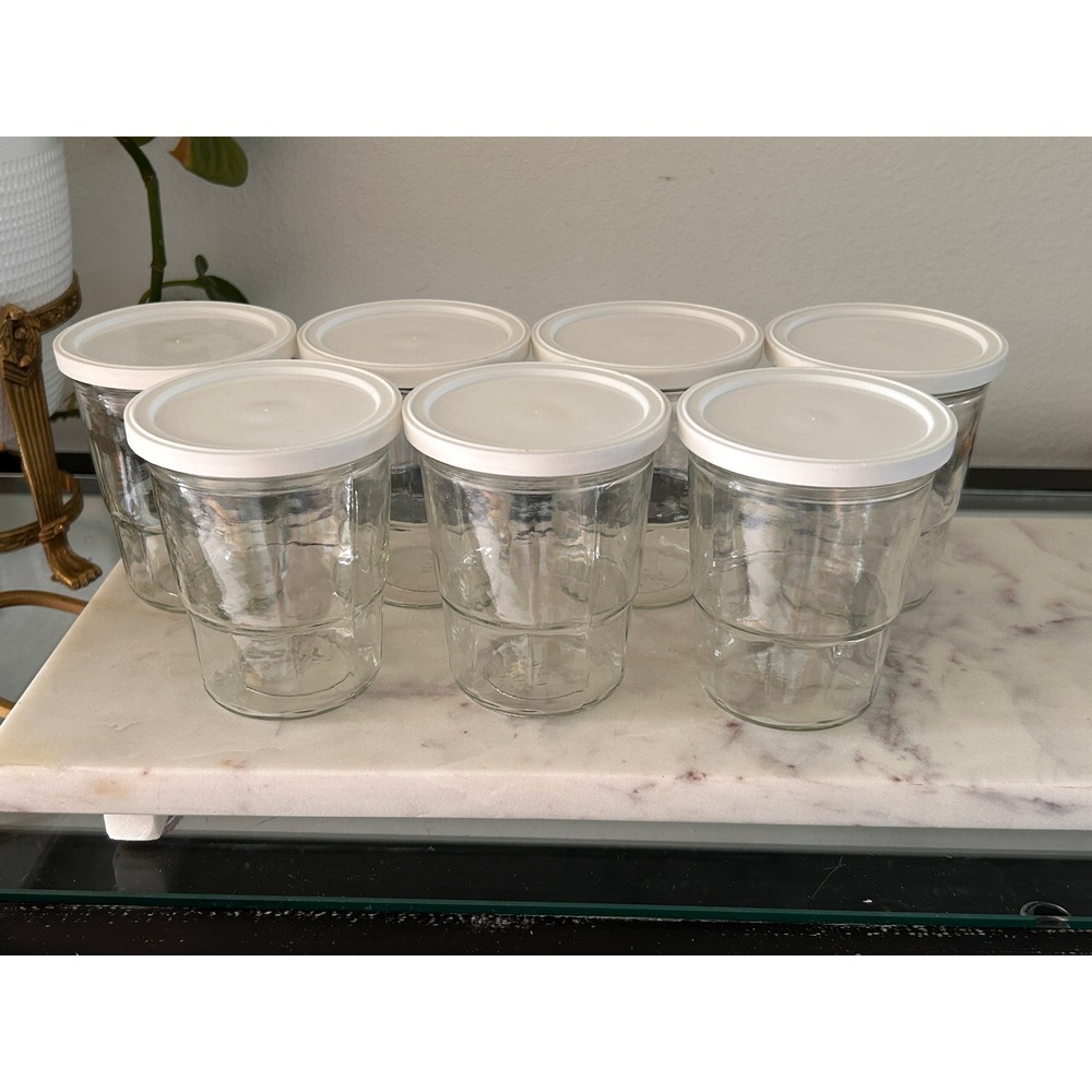 Set of 7 Vintage Ball Glass Jelly Jars with White Lids Clear Tapered Storage